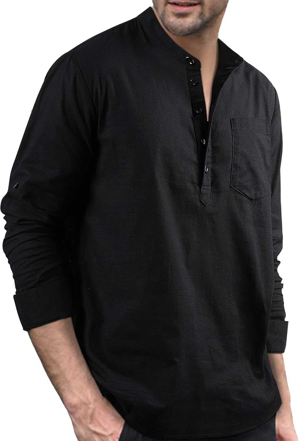 Hommes Chemises en Lin Solid Henley Shirts Casual Manches Longues été Mao Chemise de Plage Classique XXL Noir