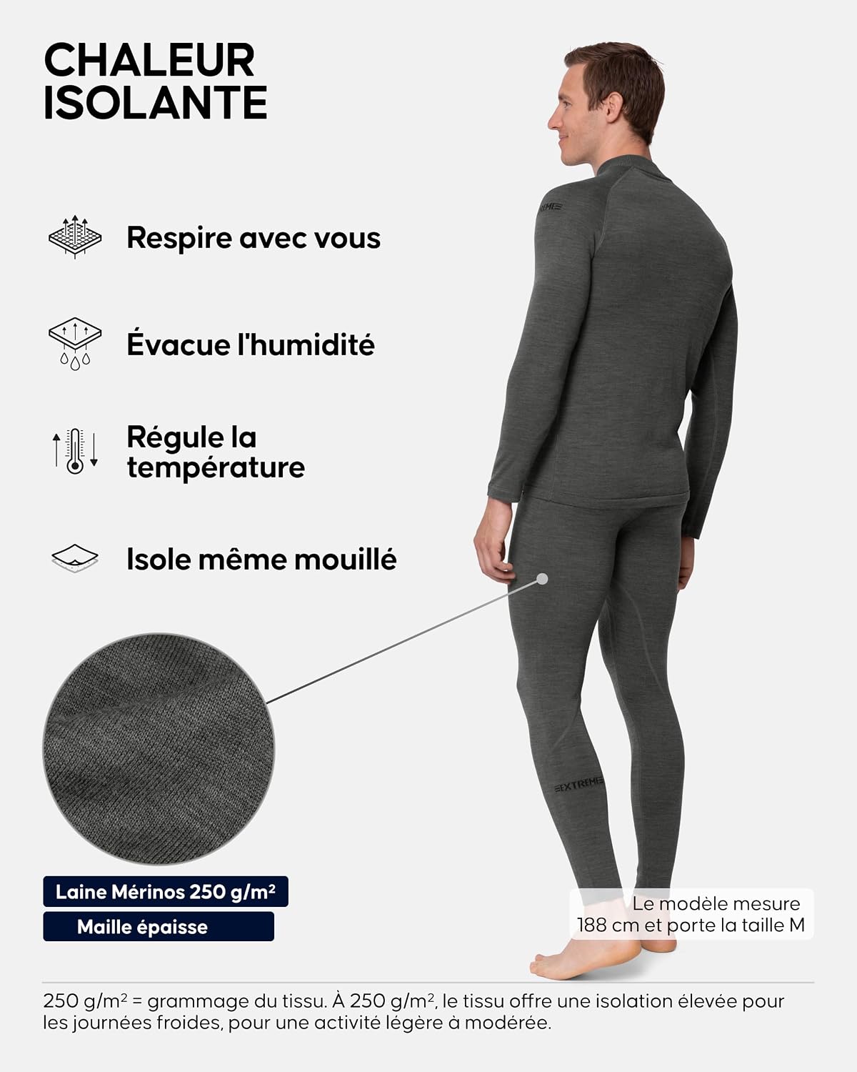 Ensemble Thermique Mérinos Homme, 250 g/m², Isolant Gris Foncé L