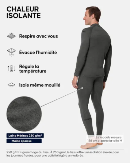 Ensemble Thermique Mérinos Homme, 250 g/m², Isolant Gris Foncé L
