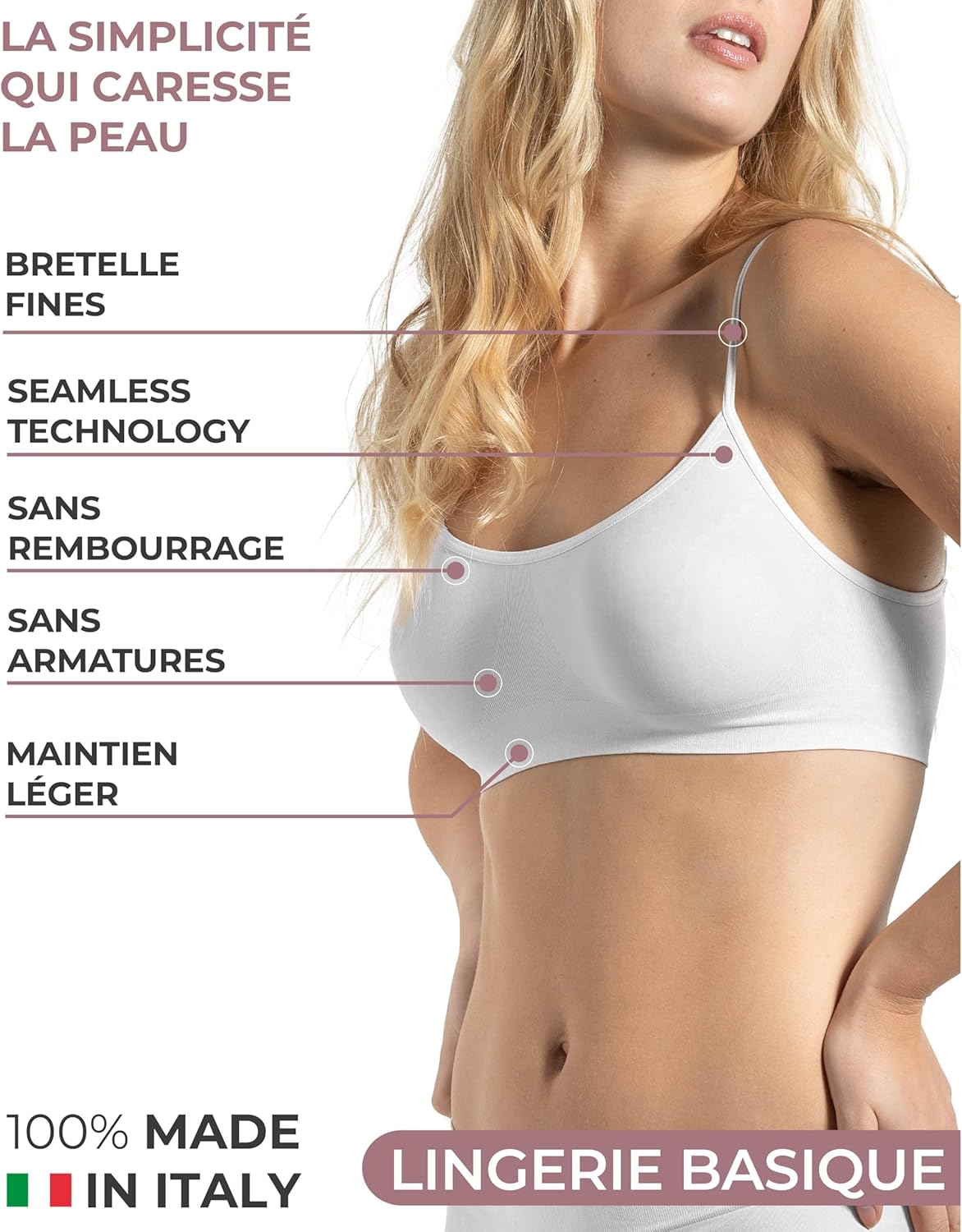 Soutien Gorge sans Armature Épaules Étroites 3 Pcs - Brassiere Femme sans Armature en Microfibre, Élastique et Confortable Seamless Bra, Top Lingerie - Made in Italy S-M Blanc-noir-naturel