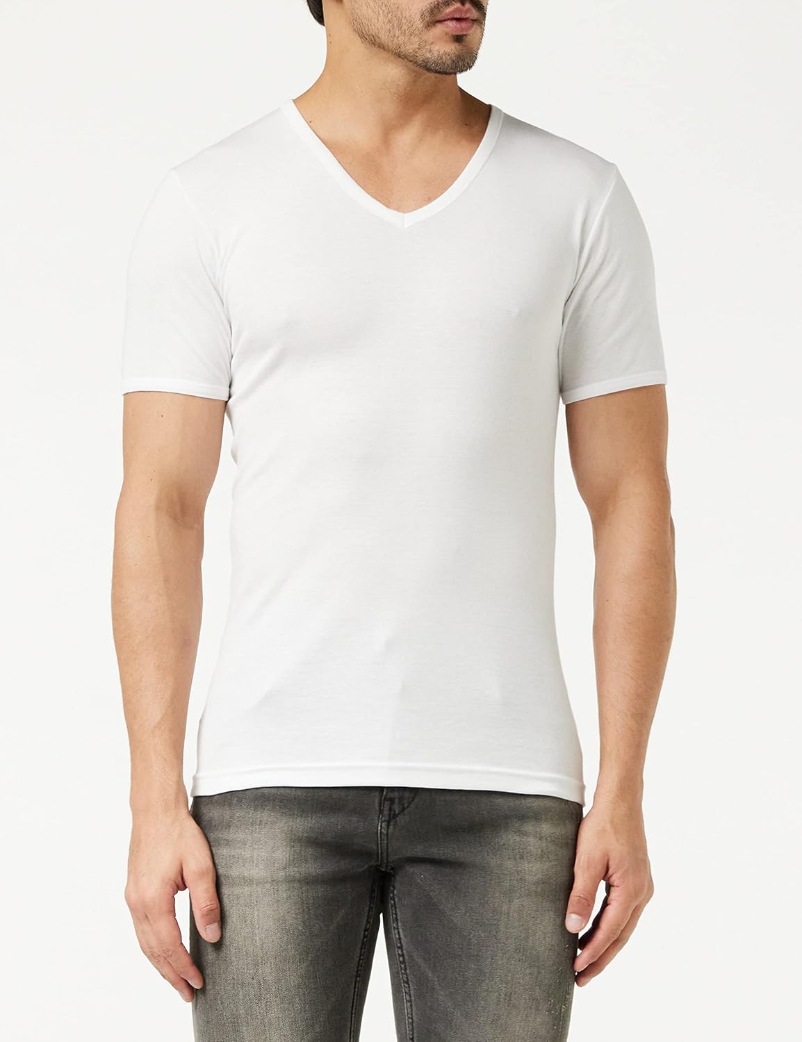 Lot de 4 T-Shirts Col V pour Homme - Côte Fine 100% Coton Peigné - sans Couture Côté - Invisible sous Chemise - Label Oeko-TEX® Standard 100 XL Blanc