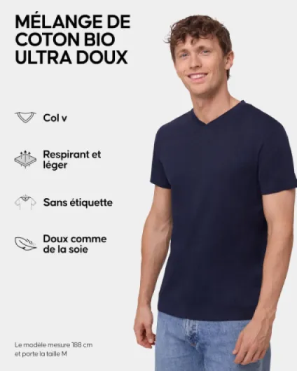 T-Shirts en Coton Bio, Multipack, Col V, Manches Courtes, Melange Doux Prémium, Lot de 1, 2 ou 4 - T-Shirts pour Homme L Col en V - Bleu Marine Foncé Lot de 2