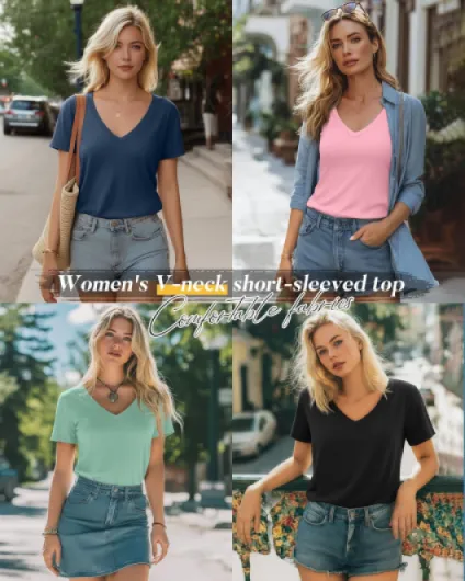 Neer Lot de 4 T-Shirts Femme Col V Manches Courtes Été Casual Coupe Ample Ourlet Droit Basiques Bleu Brume, Rose Clair, Vert Menthe, Noir M