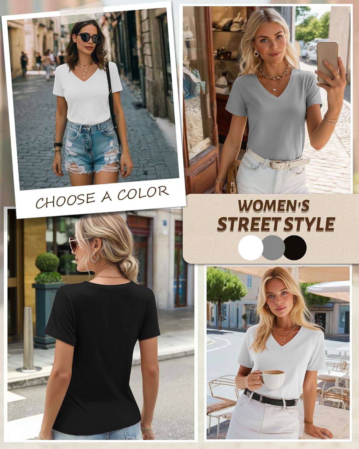 Riyiper Lot de 3 T-Shirts Femme Col V Manches Courtes Été Casual Tendance Coupe Ample Ourlet Droit Basiques Noir, Gris Clair, Blanc M