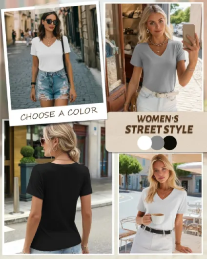 Riyiper Lot de 3 T-Shirts Femme Col V Manches Courtes Été Casual Tendance Coupe Ample Ourlet Droit Basiques Noir, Gris Clair, Blanc M