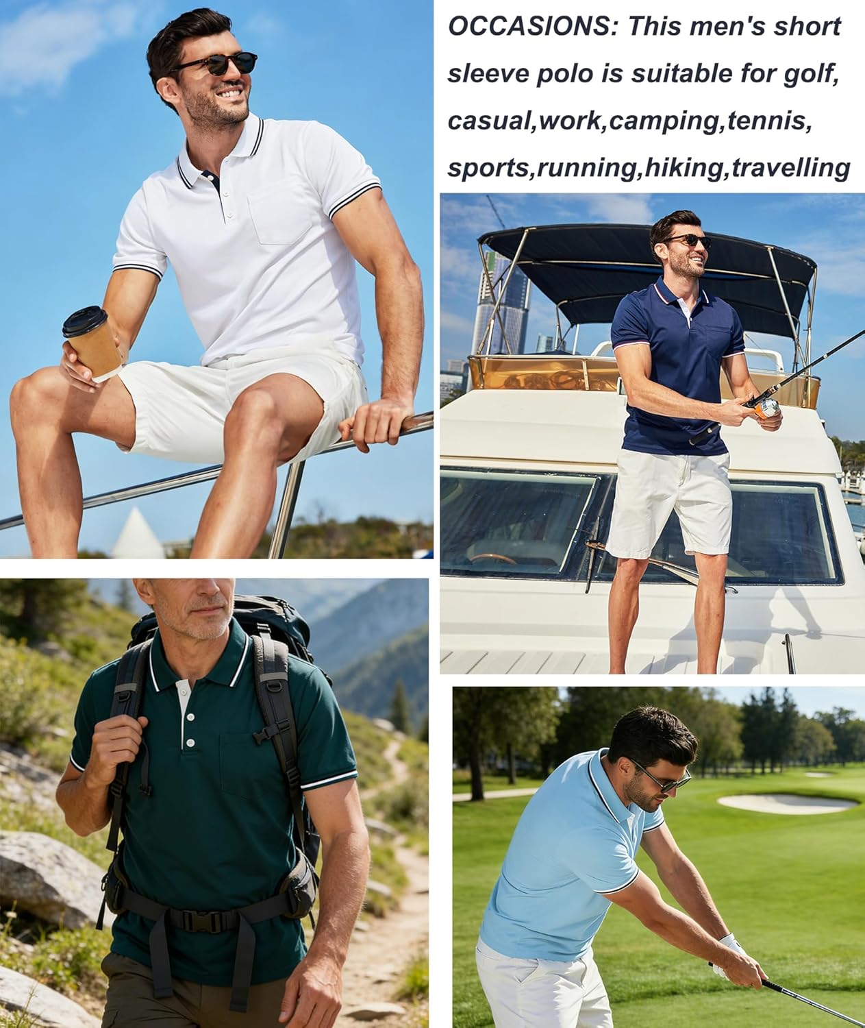 Lot de 5 Polo pour Homme Polo de Golf Manches Courtes Léger T Shirt pour Les Vacances Travail avec Boutons Printemps été Chemise Respirant Bleu Roi Bleu Lune Blanc Gris Foncé Noir XL