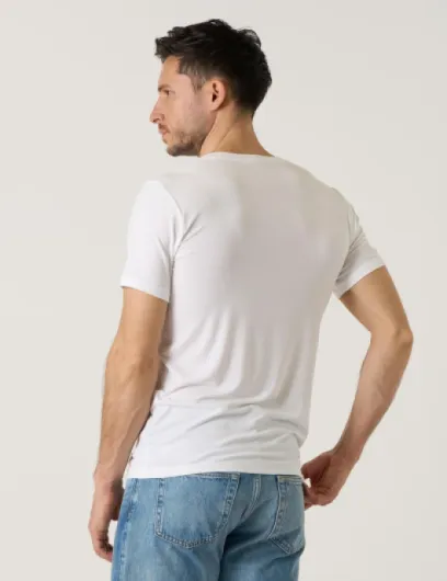 Lot de 2 T-Shirts Homme en Micromodal Uni Manches Courtes Maillots de Corps Doux et Confortable M07 M08 M Col en V Blanc