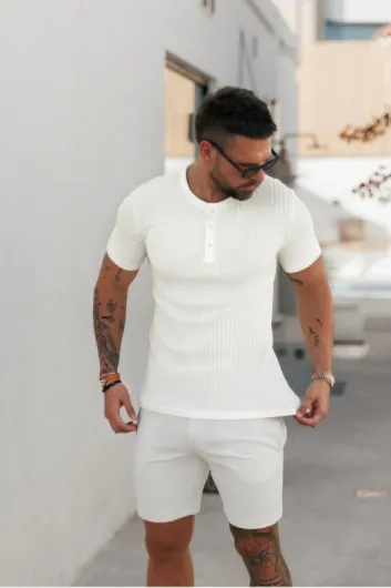 T-Shirt Homme, Coton À Manches Courtes/Longues Henley, Casual Henley Hauts pour Fitness Tee Shirt, Noir Ou Gris, Marron, Taille L M A-blanc-court