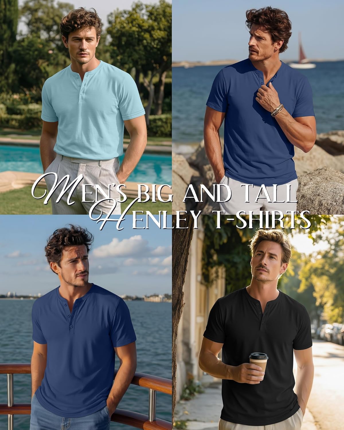 Ficerd Lot de 3 T-Shirts Henley Homme Grande Taille Manches Courtes Coupe Ample Décontractée Basique Oversized Gris Foncé, Bleu Brumeux, Bleu Glacier 4XL