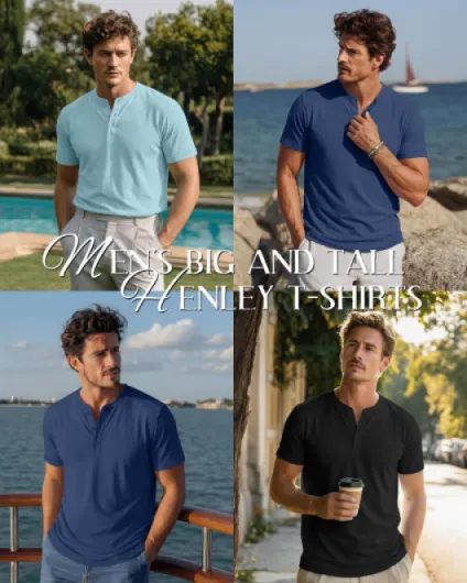 Ficerd Lot de 3 T-Shirts Henley Homme Grande Taille Manches Courtes Coupe Ample Décontractée Basique Oversized Gris Foncé, Bleu Brumeux, Bleu Glacier 4XL