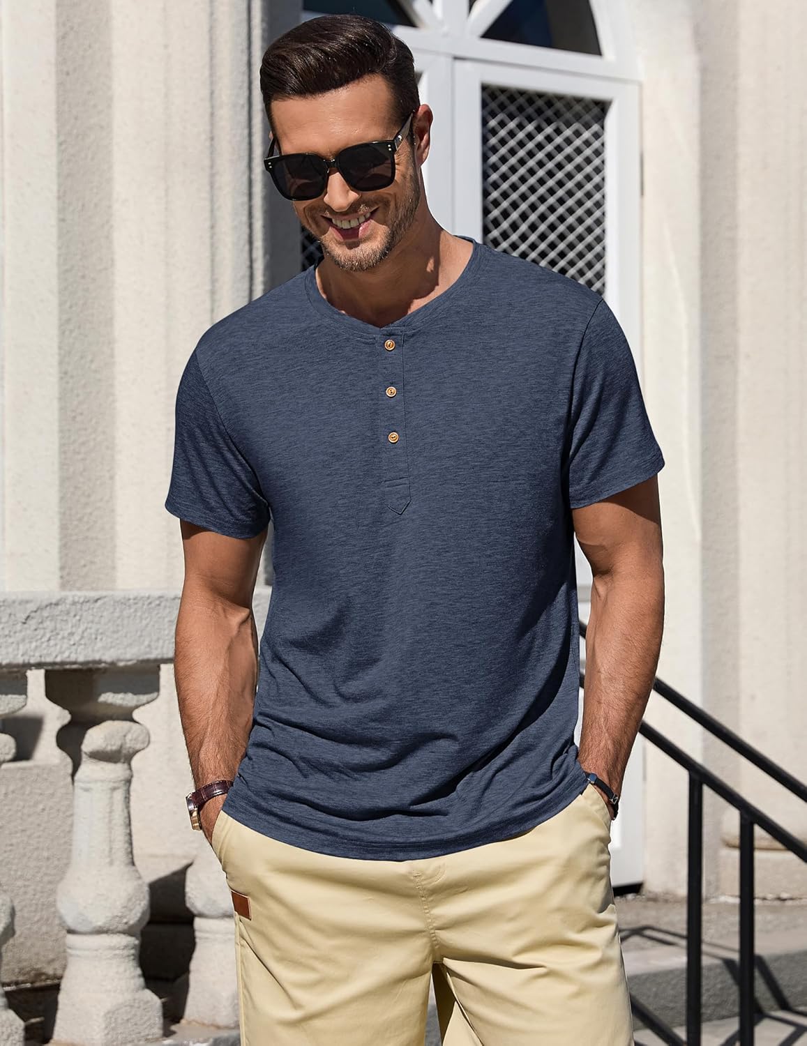 Henley T-Shirt Homme Coton Manches Courtes col Mao Décontractées été avec Bouton Bleu Marine L
