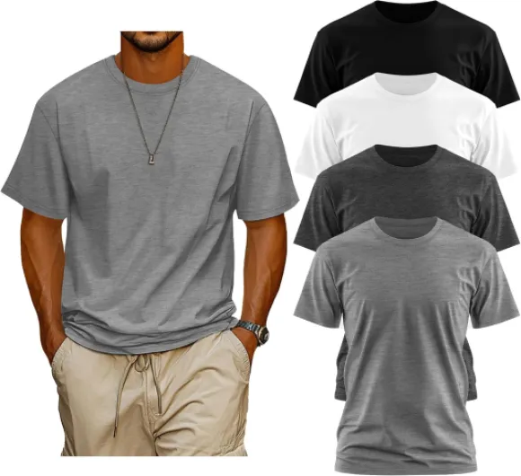 Neer Pack de 4 T-Shirts Homme Grandes Tailles Coton d'Été, Manches Courtes, Col Rond, Haut Décontracté Oversize Basic Noir, Blanc, Gris Foncé, Gris Clair M