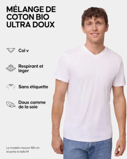 T-Shirts en Coton Bio, Multipack, Col V, Manches Courtes, Melange Doux Prémium, Lot de 1, 2 ou 4 - T-Shirts pour Homme XL Col en V - Blanc Lot de 2