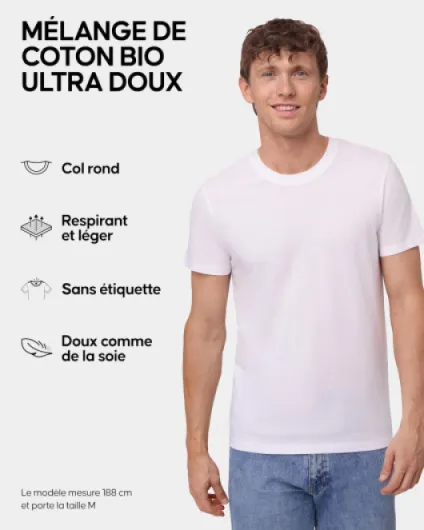 T-Shirts en Coton Bio, Multipack, Col Rond, Manches Courtes, Melange Doux Prémium, Lot de 1, 2 ou 4 - T-Shirts pour Homme XL Blanc - 4 Pack