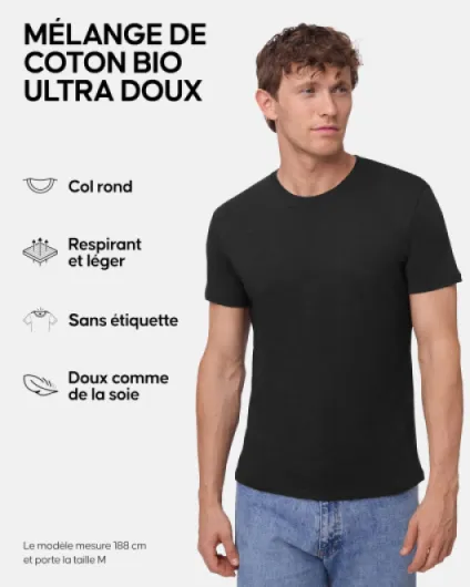 T-Shirts en Coton Bio, Multipack, Col Rond, Manches Courtes, Melange Doux Prémium, Lot de 1, 2 ou 4 - T-Shirts pour Homme L Col Rond - Multicolore (1xblanc, 1xnoir)