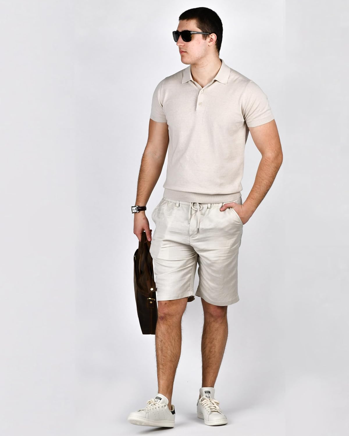 Polo Homme en Lin et Coton élégante, t-Shirt d’été décontracté à 3 Boutons, Respirant et léger, Coupe Slim, Parfait pour Le Bureau ou Les Loisirs - Beige L