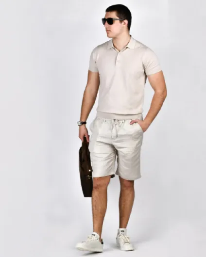 Polo Homme en Lin et Coton élégante, t-Shirt d’été décontracté à 3 Boutons, Respirant et léger, Coupe Slim, Parfait pour Le Bureau ou Les Loisirs - Beige L