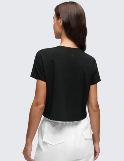 Femme Coton Pima Lâche Crop Tops Athletic Gym Casual T-Shirt Court Workout Chemises À Manches Courtes 42 Noir
